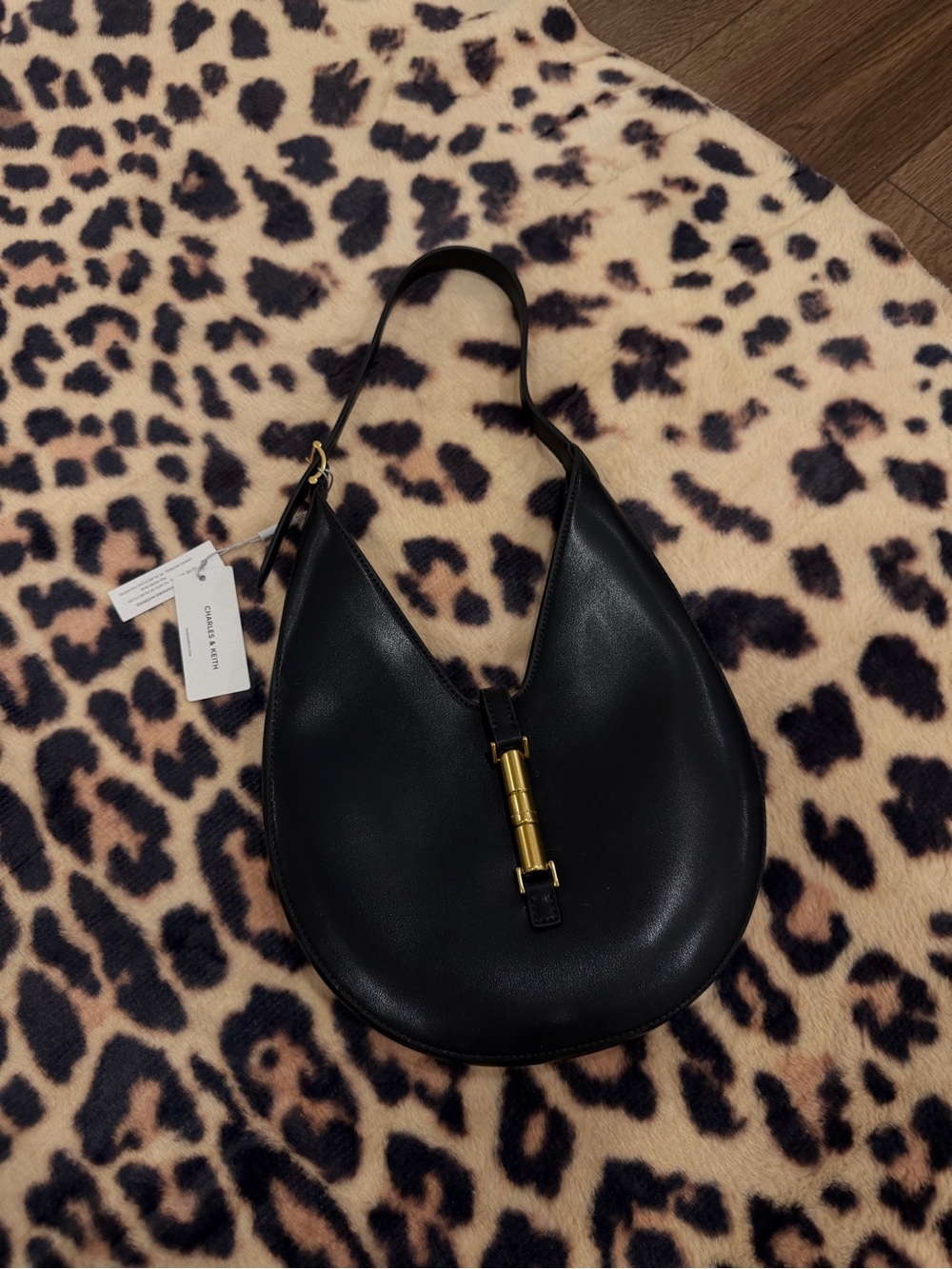 Charles & Keith Black Leather Hobo Bag with Gold Hardware